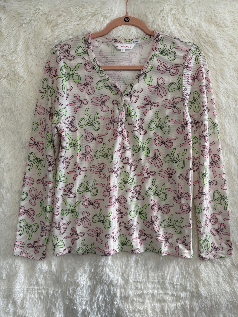 Rampage Womens Bow Print Henley Long Sleeve Waffle Top L White w/ Pink Green Bow